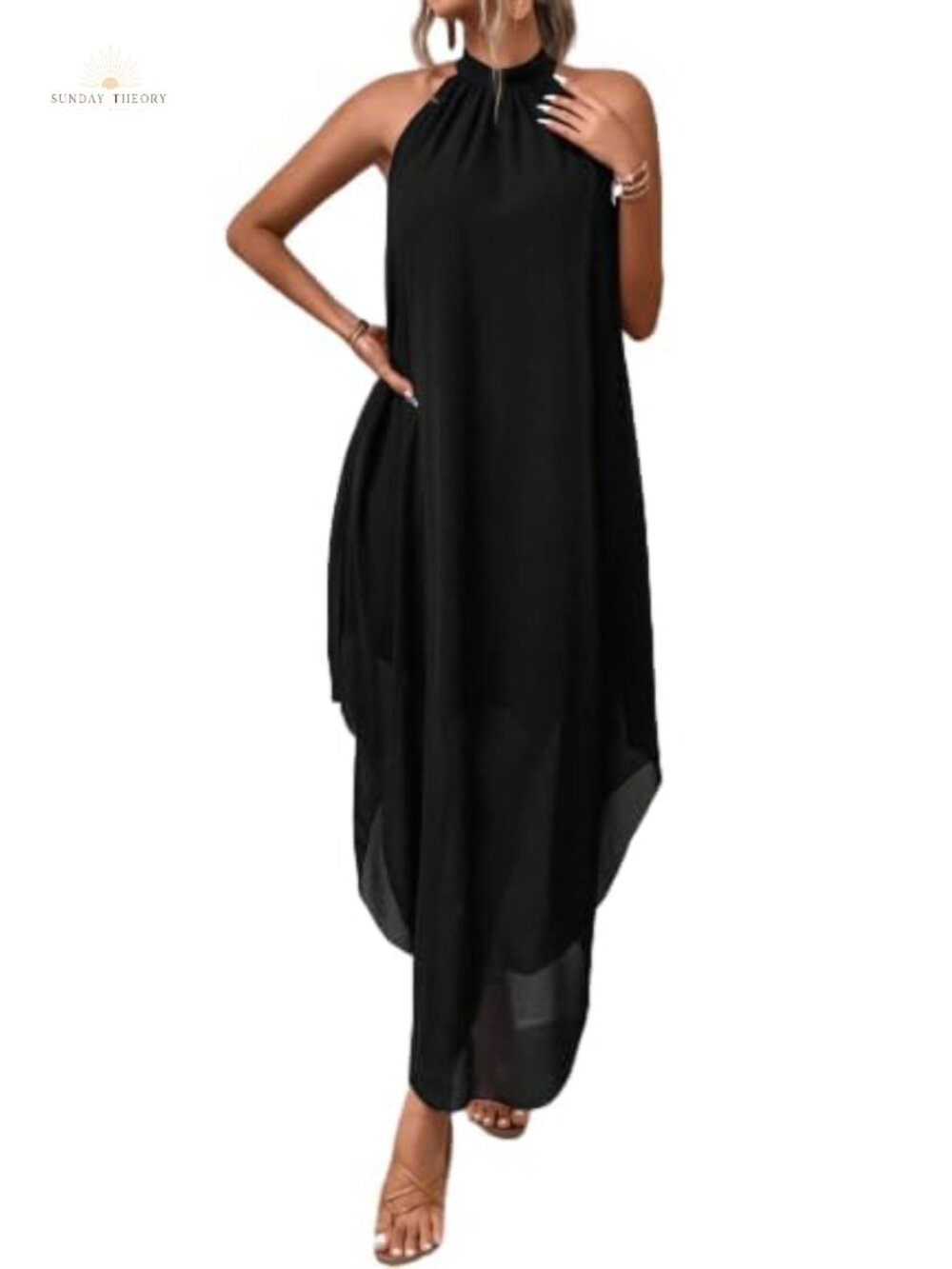 Womens Flowy Chiffon Halter Maxi Dress Sleeveless Formal Wedding Guest